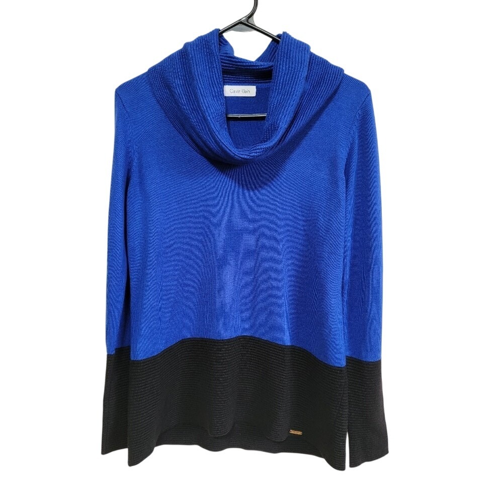 Calvin Klein Womens Blue Black Colorblock Cowl Neck Ribbed Knit Sweater M